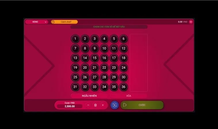 Giao diện chơi game nhanh Keno tại 188Bet